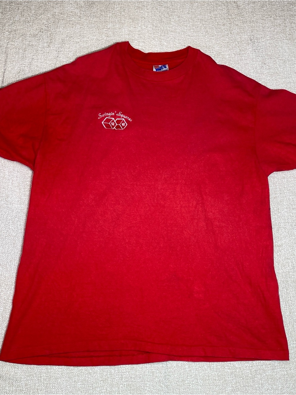 VTG Red Swingin Squares Dice Embroidered Single Stitch Tee Mens XL Shirt Hanes